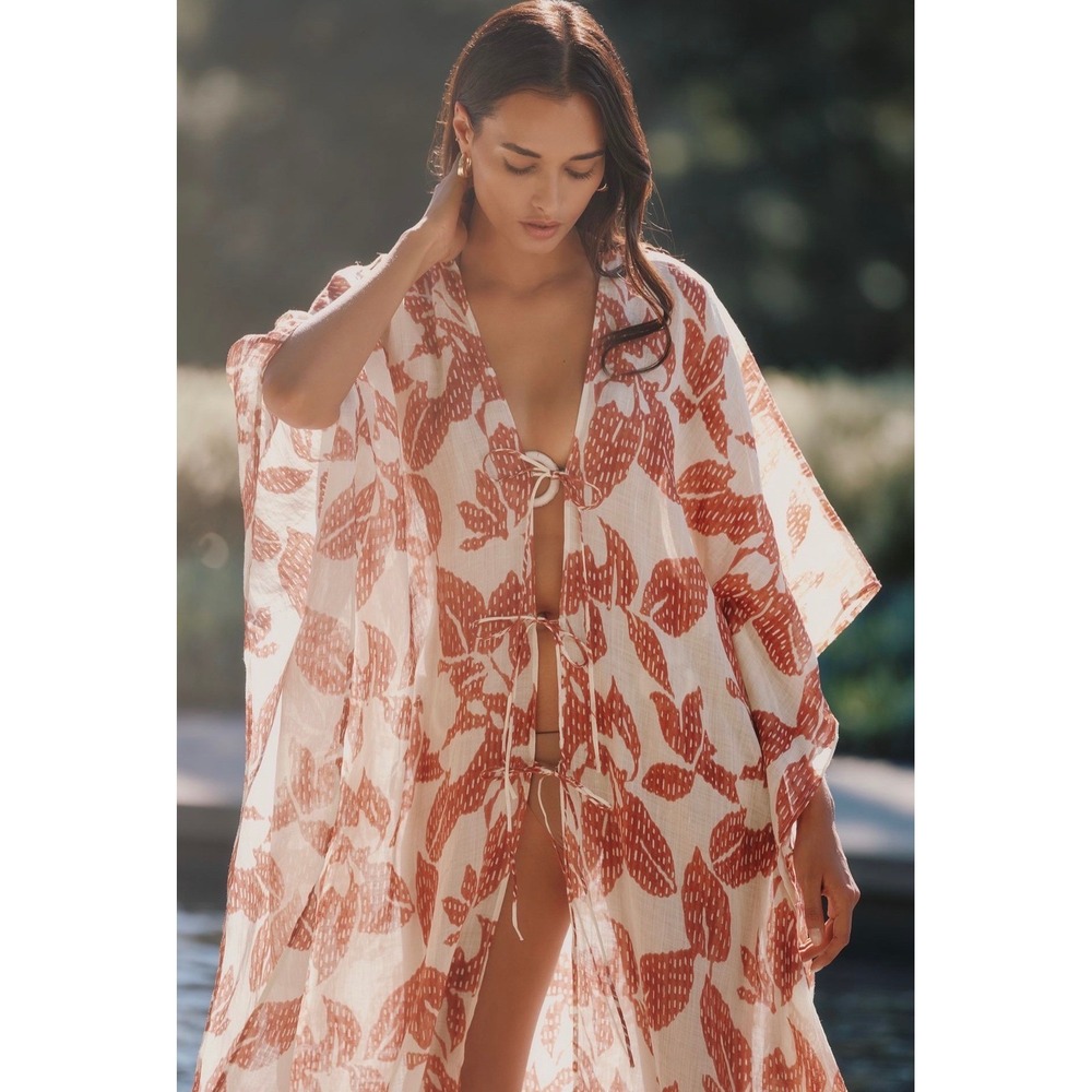 Anthropologie Red Celandine Kaftan Kimono One Size - Picture 7 of 9